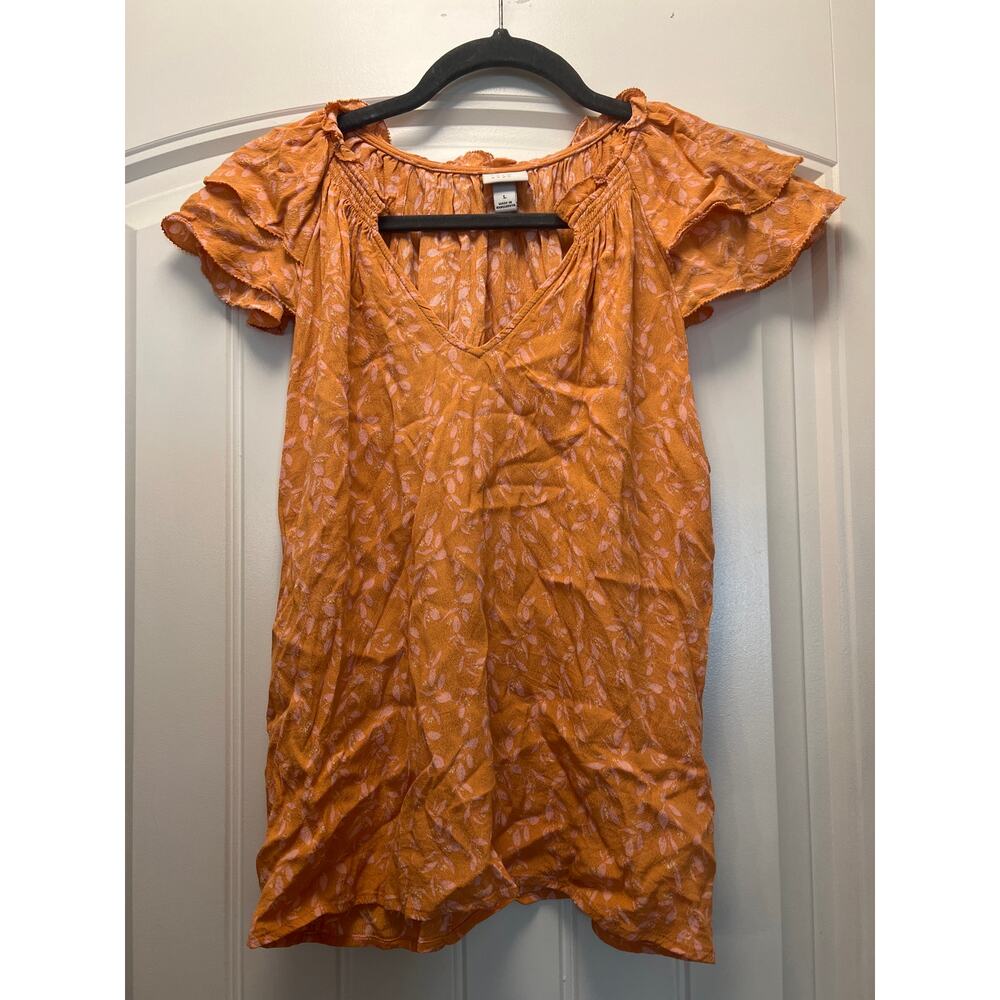 A New Day Women’s Short Flutter Sleeve V-Neck Floral Pullover Top Size‎ L Orange